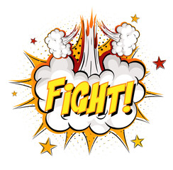 FIGHT text on comic cloud explosion isolated on white background