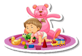Sticker template with a baby girl playing with her toys isolated