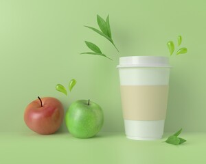 Glass for apple juice on green background, 3d