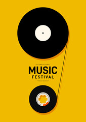 Music festival poster design template background with vinyl record and cassette tape