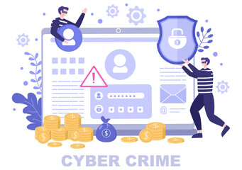 Cyber Crime Illustration Phishing Stealing Digital Data, Device System, Password, and Bank Document From the Computer