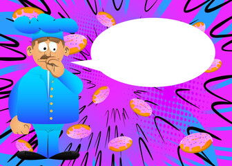 Fat male cartoon chef in uniform with sympathy. Vector illustration. Cook with figner on his nose.