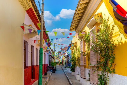 Colombia, Scenic colorful streets of Cartagena in historic Getsemani district near Walled City, Ciudad Amurallada, a UNESCO world heritage site.