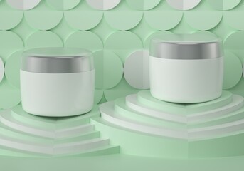 A white cream jar placed on a green background