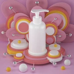 Pump bottle for cream or perfume on pink background.