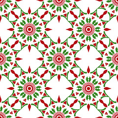 mandala new year ornament pattern. Christmas ornamental circular frame. Holly and mistletoe branches with leafs and berries. Christmas greeting card template. EPS10 vector illustration