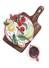 illustration sketch by markers natural breakfast with bruschetta, egg and avocado, lots of greens and cherry tomatoes