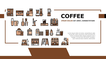 Coffee Shop Equipment Landing Header Vector. Coffee Cafe Device For Prepare Delicious Energy Drink And Pastry Dessert, Milk And Cream Illustration