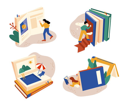 People reading a huge book open. There are many different worlds in the book. flat design style minimal vector illustration.