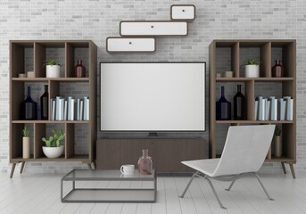 The living room is decorated with furniture, small plant pots, table and TV.