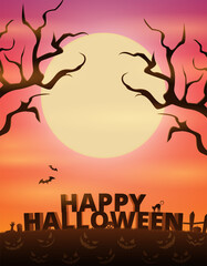Halloween banner with creepy haunted tree. Flat Vector Illustration. Full Moon Night in the Spooky Forest.