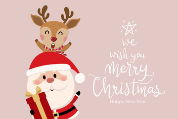 Fototapeta na wymiar Merry Christmas and happy new year greeting card with cute Santa Claus, deer and snowman. Holiday cartoon character in winter season. -Vector.