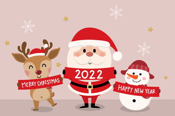 Merry Christmas and happy new year greeting card with cute Santa Claus, deer and snowman. Holiday cartoon character in winter season. -Vector.