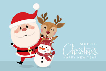 Fototapeta na wymiar Merry Christmas and happy new year greeting card with cute Santa Claus, deer and snowman. Holiday cartoon character in winter season. -Vector.