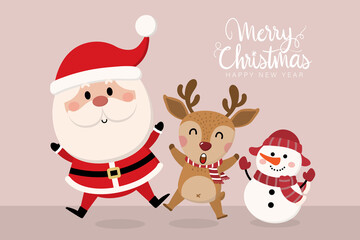 Merry Christmas and happy new year greeting card with cute Santa Claus, deer and snowman. Holiday cartoon character in winter season. -Vector.