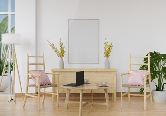 Office with furniture, work desk and laptop