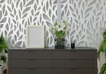 Office room with work desk and picture frame