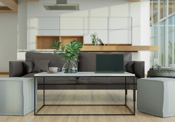 Office with furniture, work desk and laptop