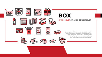 Box Carton Container Landing Header Vector. Sushi Delivering And Pizza, Box For Tea And Coffee, Mobile Phone And Tv Plazma Illustration - obrazy, fototapety, plakaty