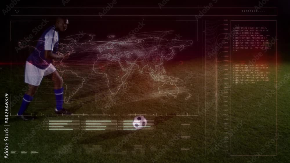 Poster Animation of data processing with world map over football player