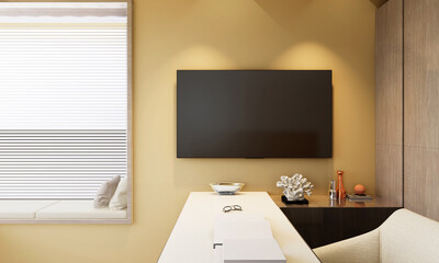 The living room has a storage table and a TV.