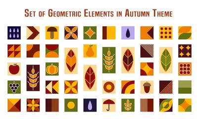 Set of abstract geometric forms. Autumn natural elements in simple geometric shapes. Good for flyer, cover design, poster art, decorative print, invitation letter, background.