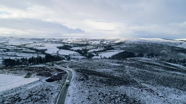 North York Moors Snow Scene Drone Flight, Castleton, Westerdale, Rosedale, Aerial Flight over Westerdale Winter cold and moody clouds, Phantom 4, Clip 3