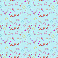 Multicolored gradient love lettering with hearts. Seamless design for Valentine's Day. For wedding cards, holiday packaging, textiles and backgrounds. Vector illustration.