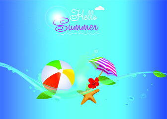 Summer festive background. 3d realistic vector illustration. Ball, flowers, umbrella, shell, water splash