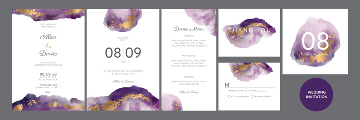 Set of Wedding Invitation, thank you, rsvp rustic card design with gold foil decoration. Vector elegant modern template, trendy cover, graphic poster, retro brochure, design template