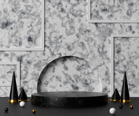 3d rendering empty black marble cylinder podium.