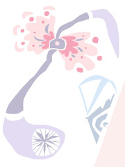 Abstract minimalism composition of pastel purple and pink flower and human eye in fantasy surreal style on white background