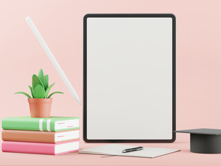 Tablet for education in 3d style pink background