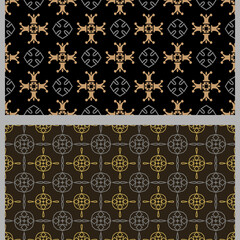 Ornate background patterns with decorative elements. Set. Used colors: black, gold, wallpaper. Seamless pattern, texture. Vector image