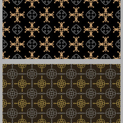 Ornate background patterns with decorative elements. Set. Used colors: black, gold, wallpaper. Seamless pattern, texture. Vector image