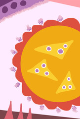 Abstract minimalist nachos in big dark yellow flower round with pink and purple elements on light purple background