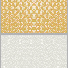A set of two background drawings with decorative ornaments in gold and gray tones, wallpaper. Seamless pattern, texture. Vector image