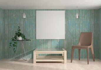 Picture frames with plant pots adorn the living room.