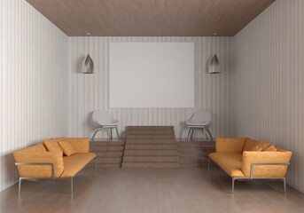 The living room consists of a sofa chair and a picture frame on the wall.