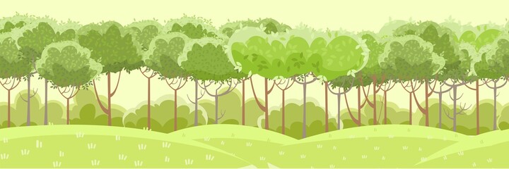 Thin young trees and bushes. Forest or garden. Grassy green rural hills. A beautiful and graceful summer landscape. Flat style. Cartoon design. Seamless, Vector