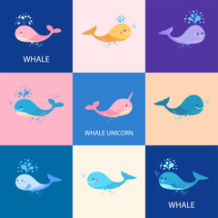 collection of colorful cute whales. A small cheerful whale and pink unicorn whale.