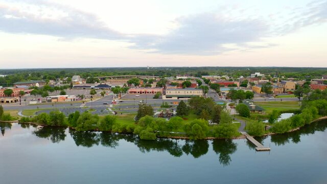 Aerial dolly of Lake Bemidji and downtown Bemidji