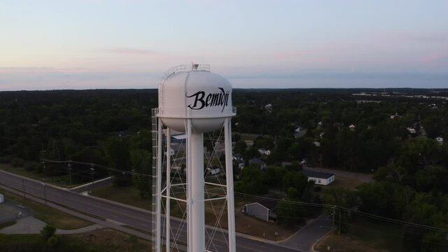 Left to right aerial video of Bemidji, MN Water Tower