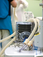 Preparation of equipment for surgery under general anesthesia.