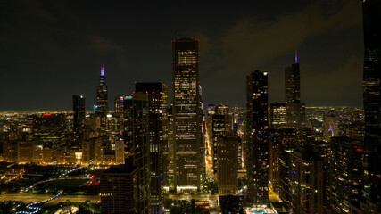 Fototapeta na wymiar Chicago Drone Photo Nighttime, Chicago Skyline Night