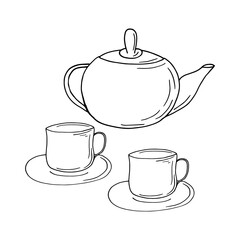 teapot and cups hand drawn set. vector graphics in doodle hygge style. Kettle, tea, coffee.