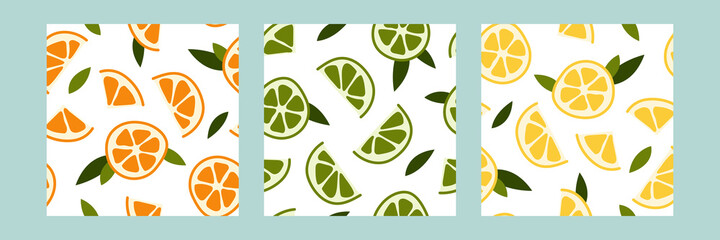 Obraz premium Seamless pattern with fresh lemon, lime, mint, mandarin, tangerine, orange. Summer fruit, tropical citrus background. Vector flat cartoon illustration. Perfect for textile, fabric, wrapping paper