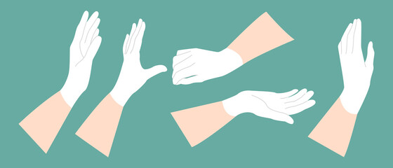 Hand in protection medical glove. Nitrile, latex or rubber surgical gloved hands. Doctor, nurse, surgeon, scientist, cleaner. Vector flat cartoon illustration