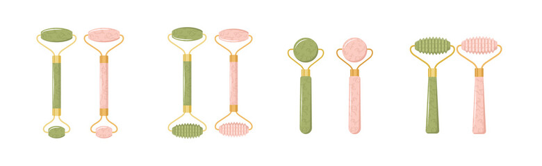 Jade facial roller. Chinese gua sha massage. Collection of different shape natural pink quartz and green nephrite stones. Skin care and morning routine. Vector illustration in flat cartoon style.