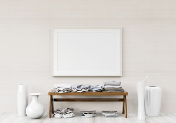 3D living room and furniture with blank photo frame